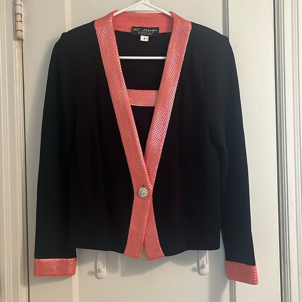 Evening cardigan (famous St John knit) with pink shimmering outline